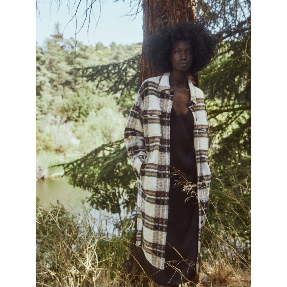 Reformation Plaid Coat in Cream and Brown